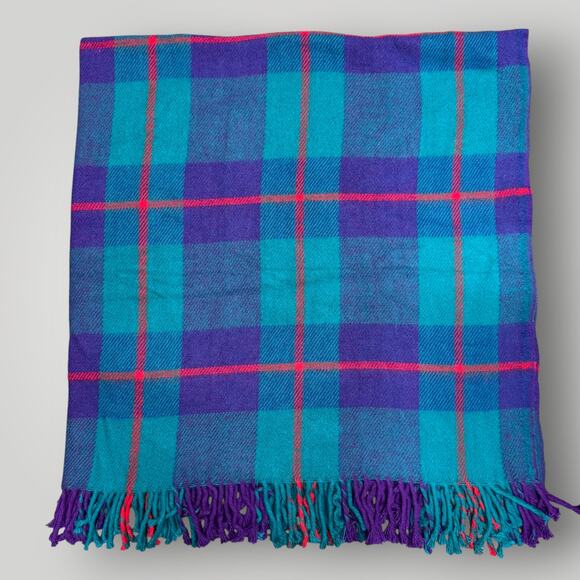 Vintage Picnic Throw Blanket Fringe Acrylic 52”x54” Plaid Super Soft Teal Pink